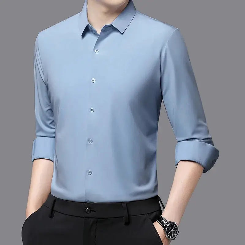 Simples Market premium light blue men's ultra-stretch long-sleeve dress shirt with rolled cuffs