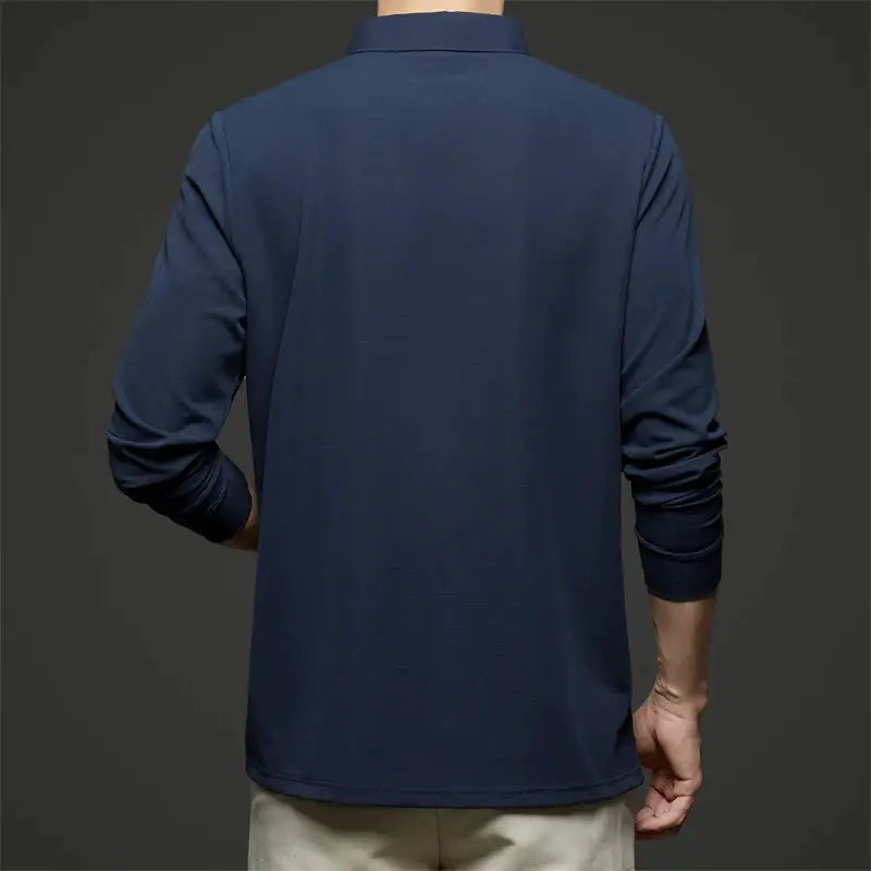 Men's navy blue long-sleeve solid polo shirt, business casual versatile top