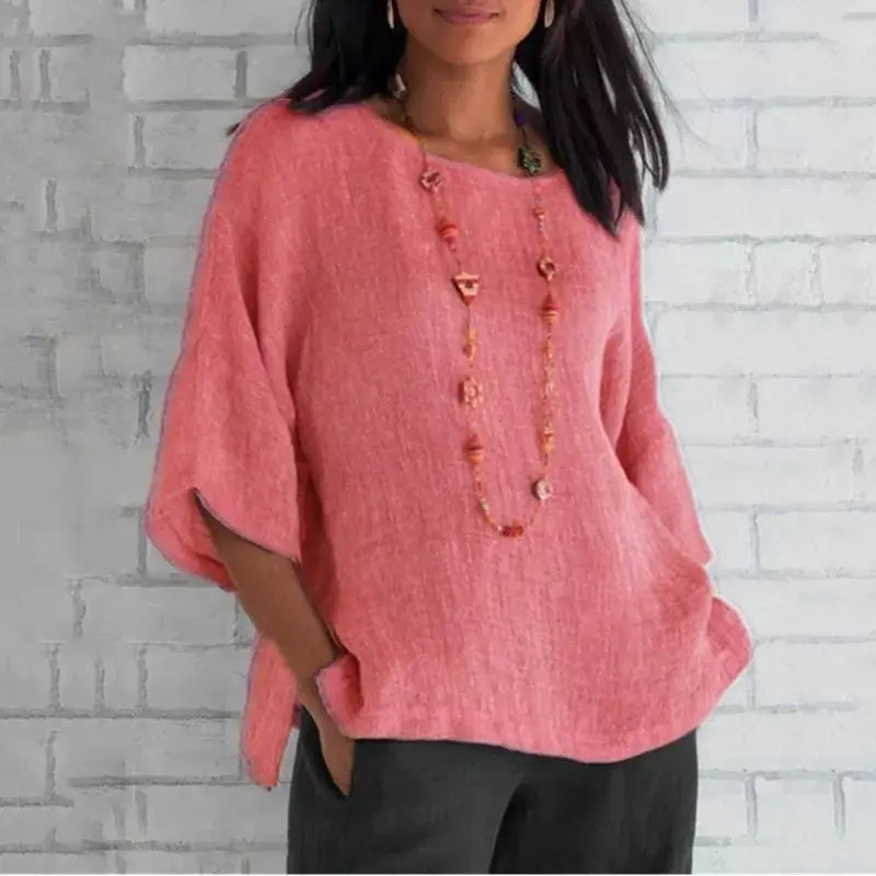 Cotton Blouse Shirt O Neck Three Quarter Sleeves Casual Top Women