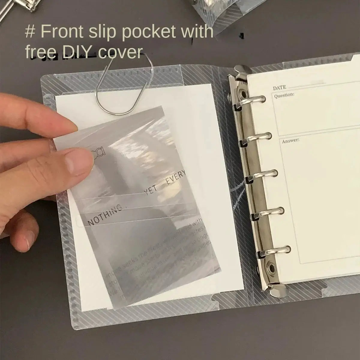 Diagonal PP three-fold notebook cover with a transparent front slip pocket and mini card/photo storage