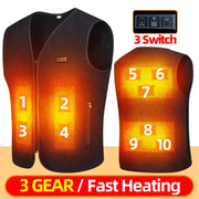 Simples Market heated fleece vest with 10 heating zones, USB power; front and back views, black