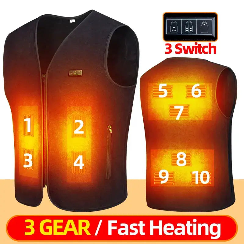 Simples Market heated fleece vest with 10 heating zones, USB power; front and back views, black