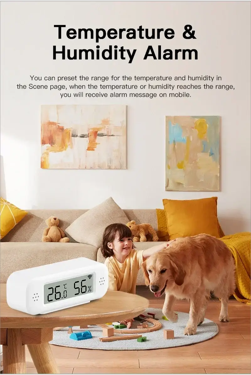 Tuya WiFi Temperature Humidity Sensor in white with digital display on a wooden living room coffee table.