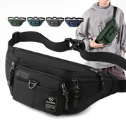 Men's waist fanny pack belt sling in black nylon with multiple pockets and WE POWER patch; color variants shown