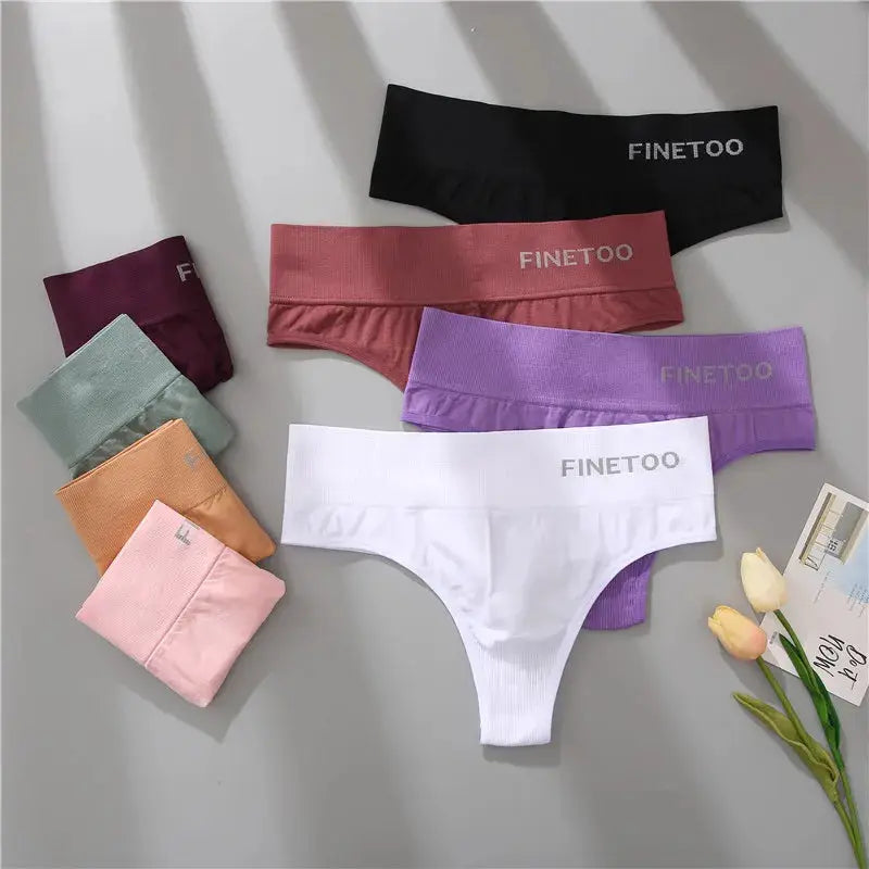 FINETOO thong underwear set in assorted colors with branded waistbands; white, pink, lavender, black visible