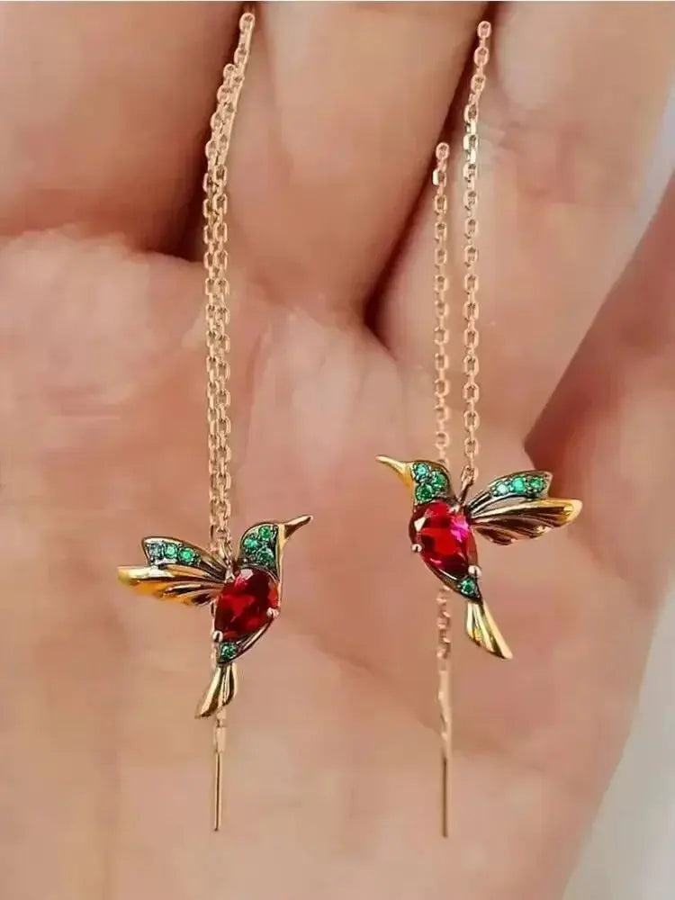Hummingbird Red CZ Long Drop Earrings For Women Gold Tone Metal Wing Spreading Wedding Party Jewelry