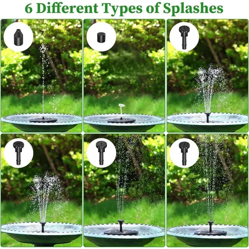 Simples Market outdoor solar fountain pump with 6 nozzles for garden pond; black, six spray patterns.
