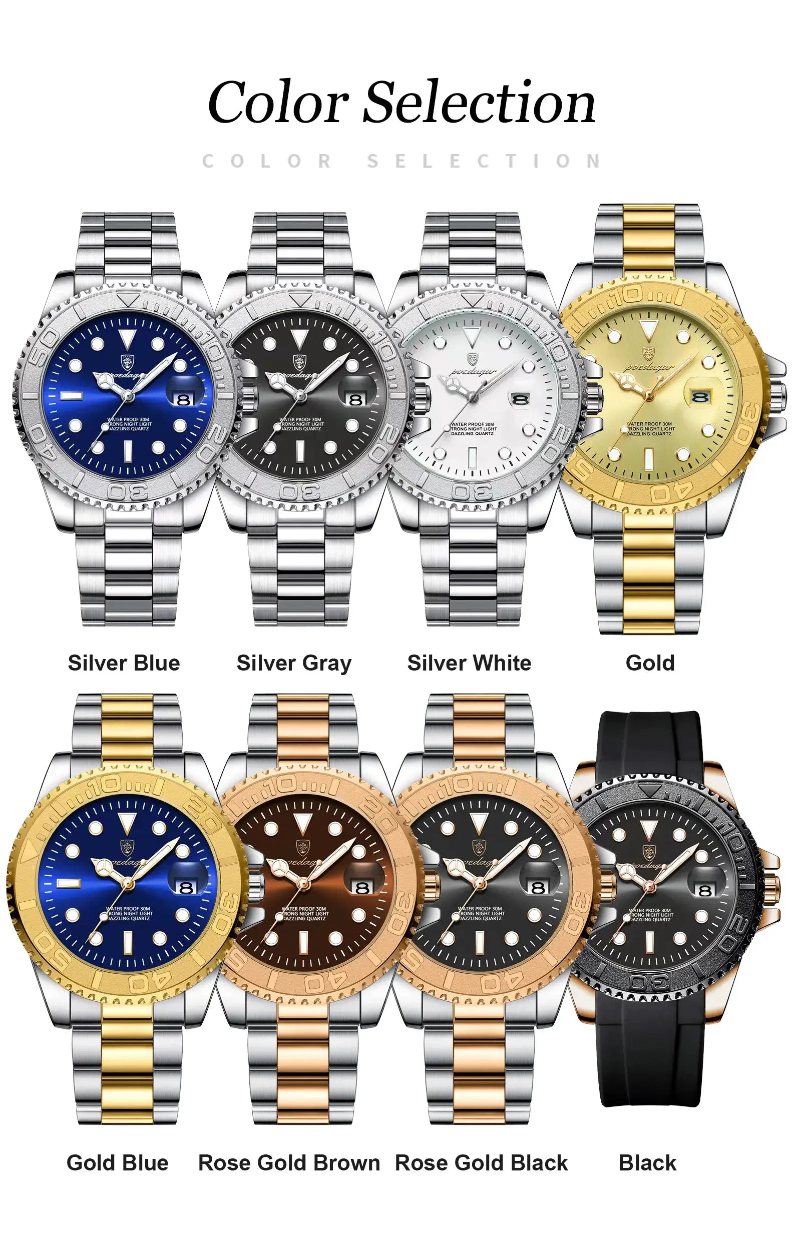 POEDAGAR luxury watches: silver blue, silver gray, silver white, gold, rose gold, black by Simples Market