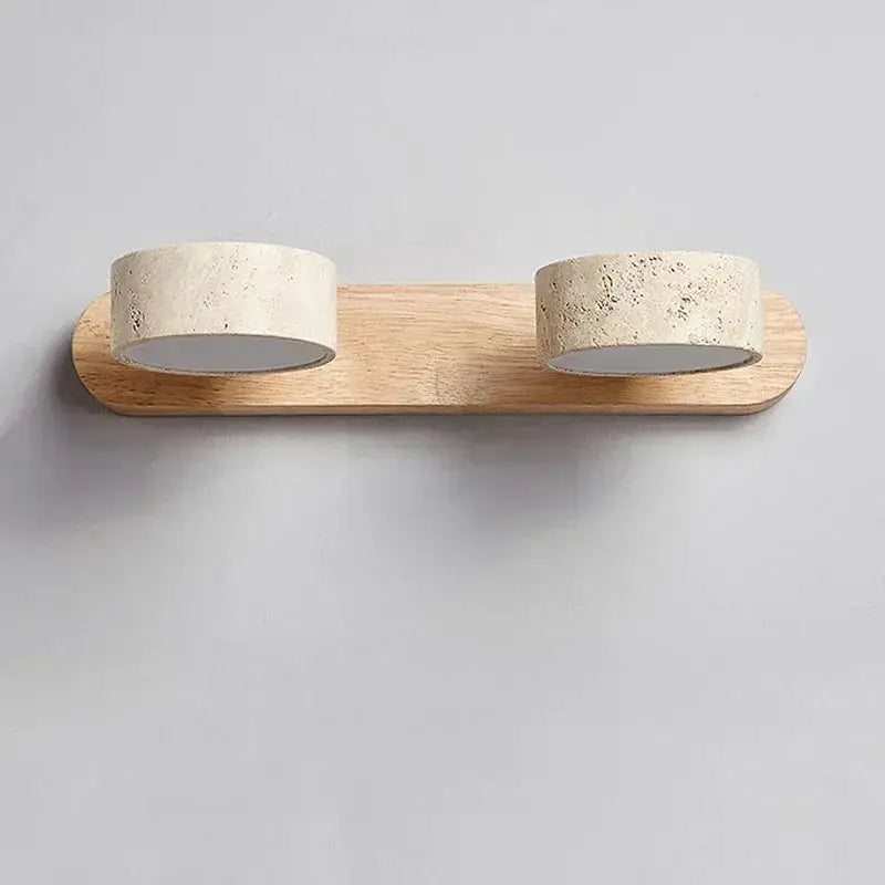 Simples Market double round LED wall light on natural wood backplate with concrete-texture lamps