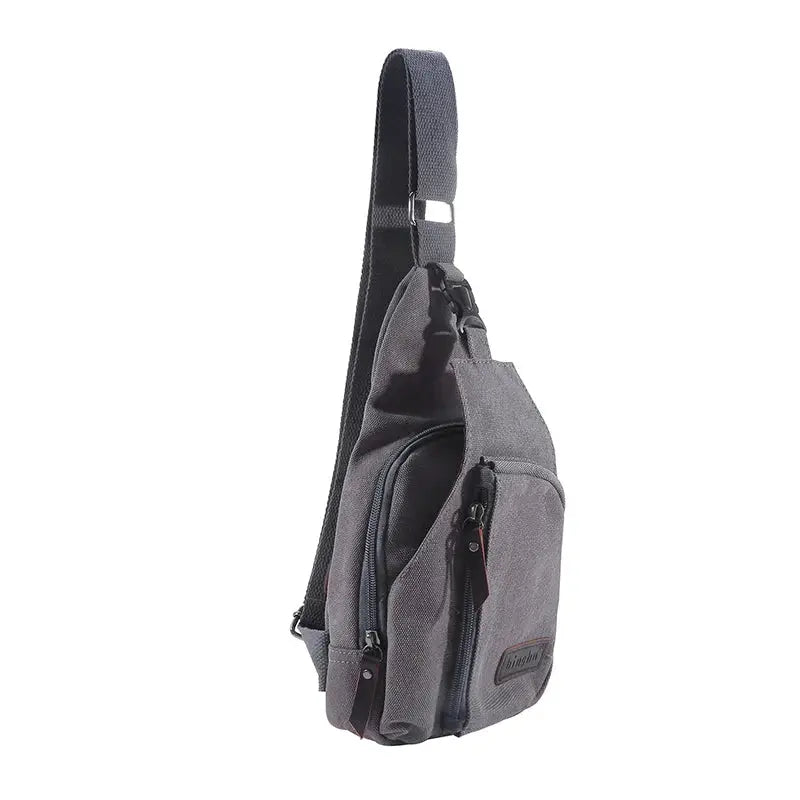 New Men's vintage canvas satchel shoulder bag, gray with multiple zip pockets and crossbody strap