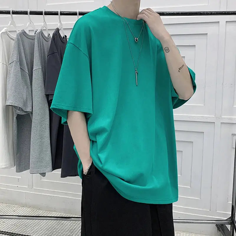 Oversized Summer Short Sleeve Men's T Shirt New Fashion Solid Loose O-Neck T Shirts Mens Cotton Hip Hop Streetwear Top Tees 5XL