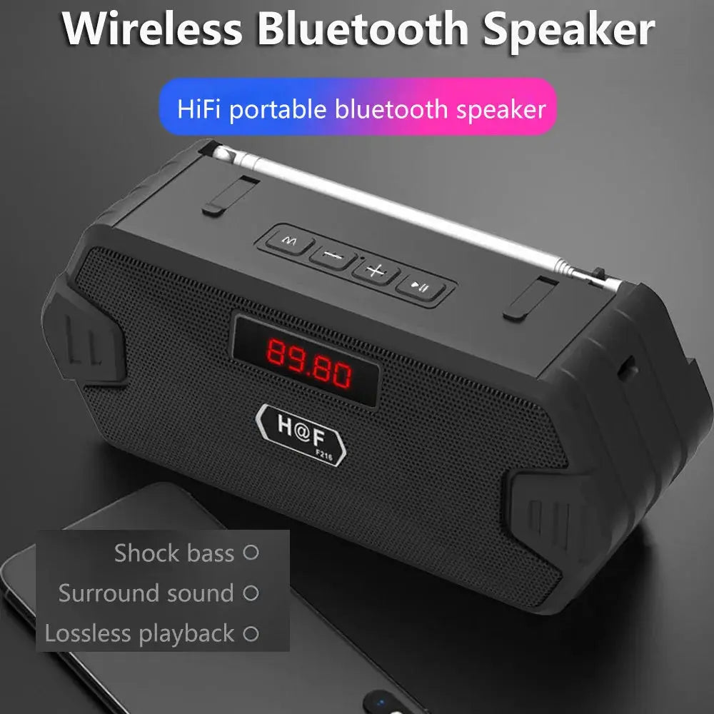 Bass Hifi outdoor portable Bluetooth speaker with LED display and top control panel, black with H@F logo