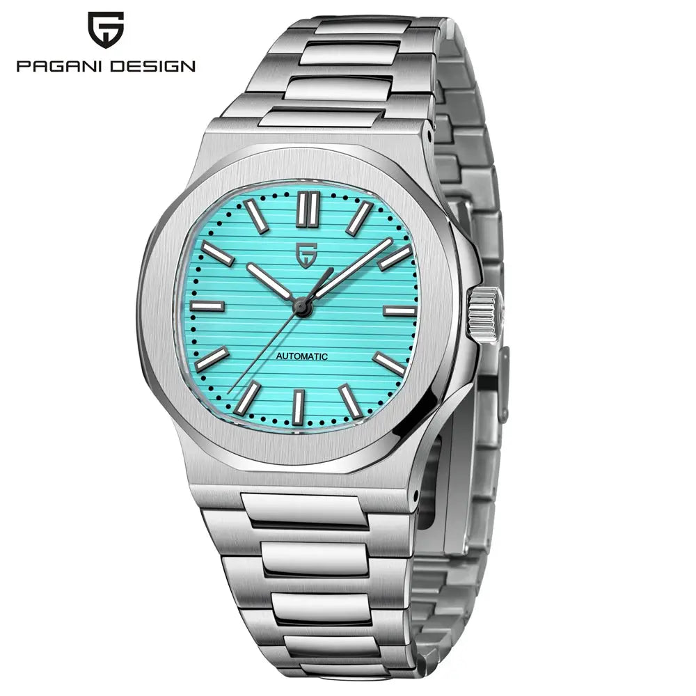 Pagani Design 40mm men's automatic stainless steel wristwatch with turquoise dial and sapphire glass