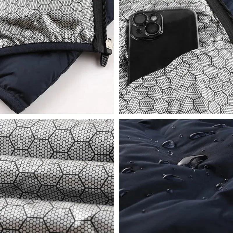 Men Winter White Duck Down Jacket with hex honeycomb pattern, stand collar, windproof and waterproof puffer