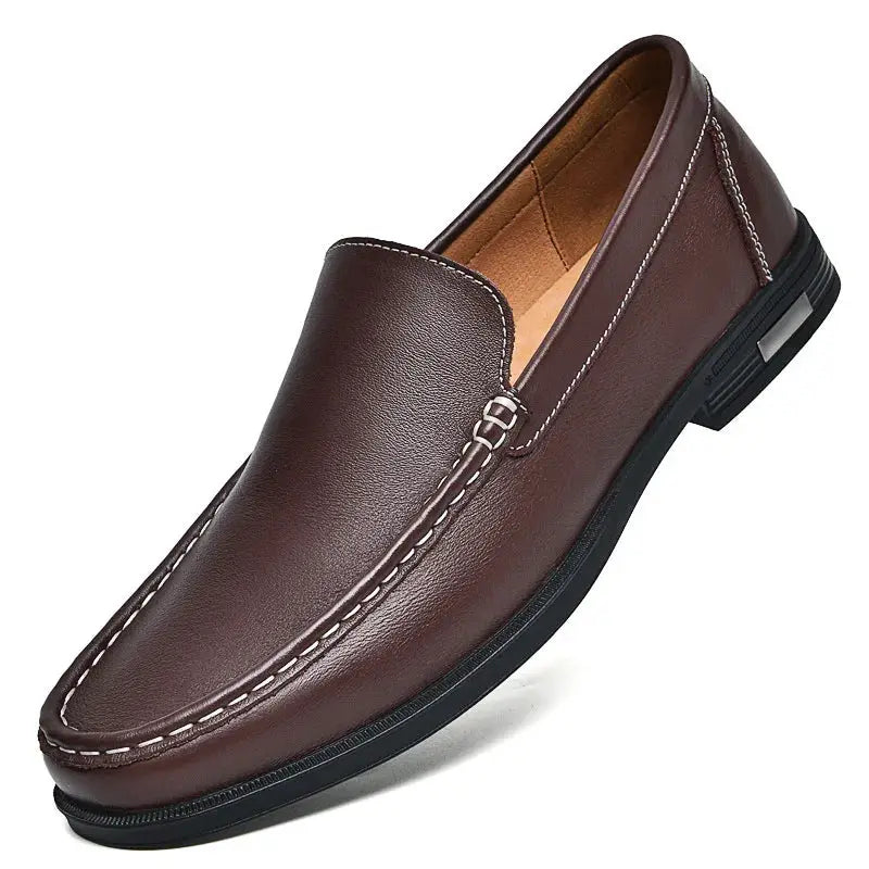 Leather men's slip-on dress loafer in brown with white contrast stitching