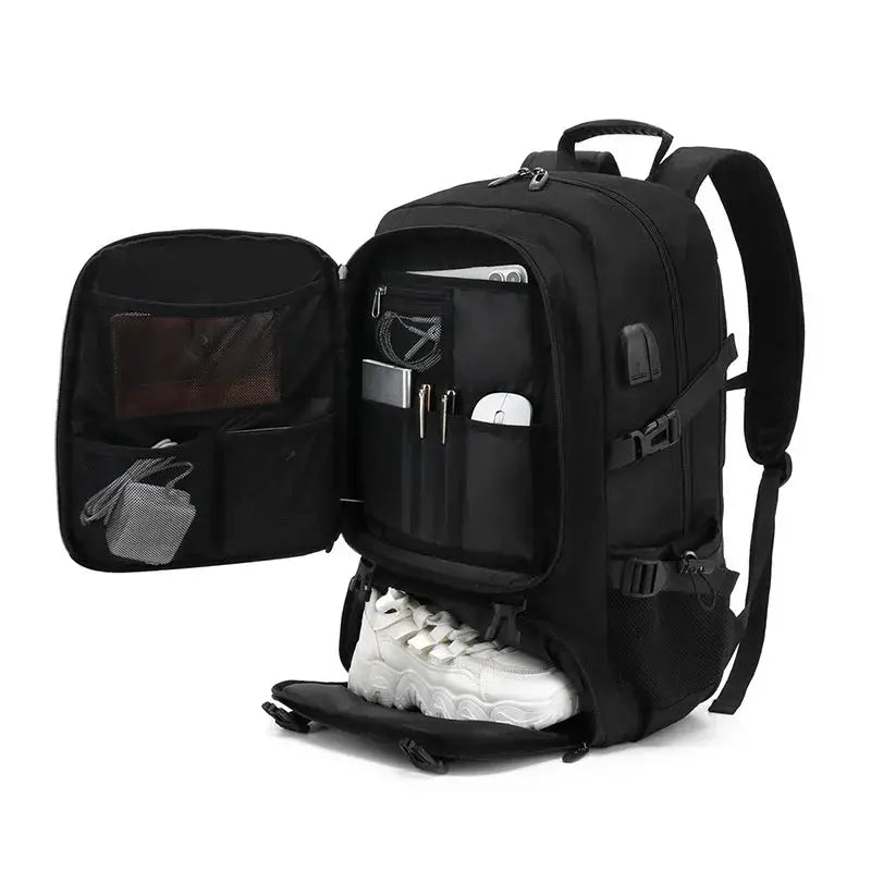 Large capacity travel backpack with organized compartments and shoe storage for convenience.