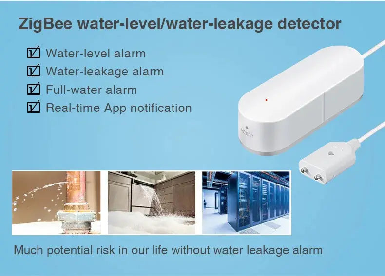 ZigBee water leak detector alarm in white enclosure with plug-in sensor, flood alert, app notifications