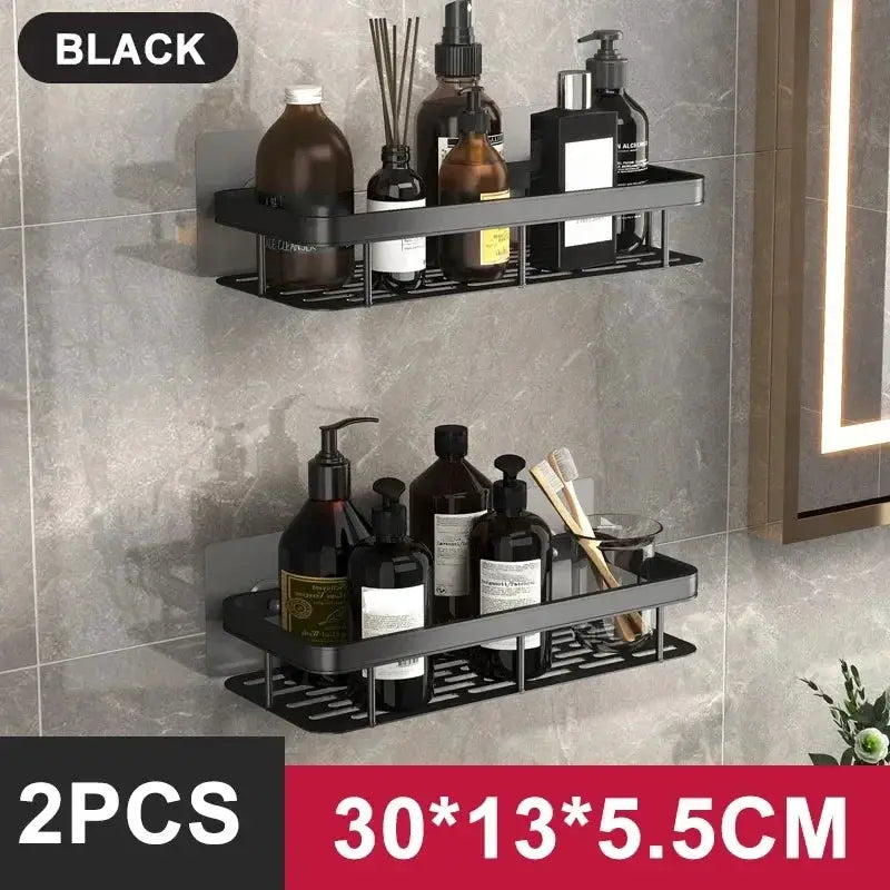 Simples Market black aluminum bathroom shelf set; 2-piece wall-mounted shower racks, no-drill design.