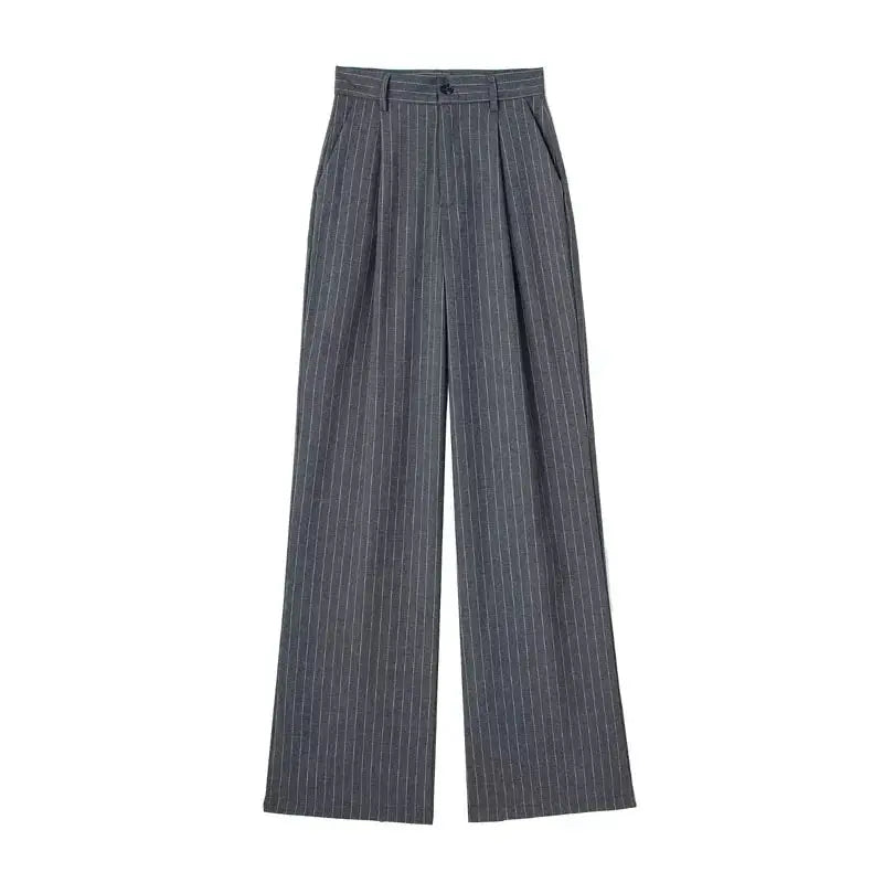 HXAO Women's Striped Grey and Black Wide Leg Formal Pants High Waist Baggy Trousers for Office