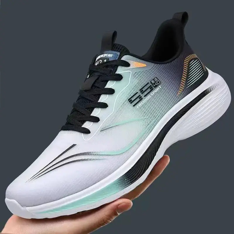 Men's breathable mesh sneakers by Simples Market in white with teal accents and black laces, non-slip sole