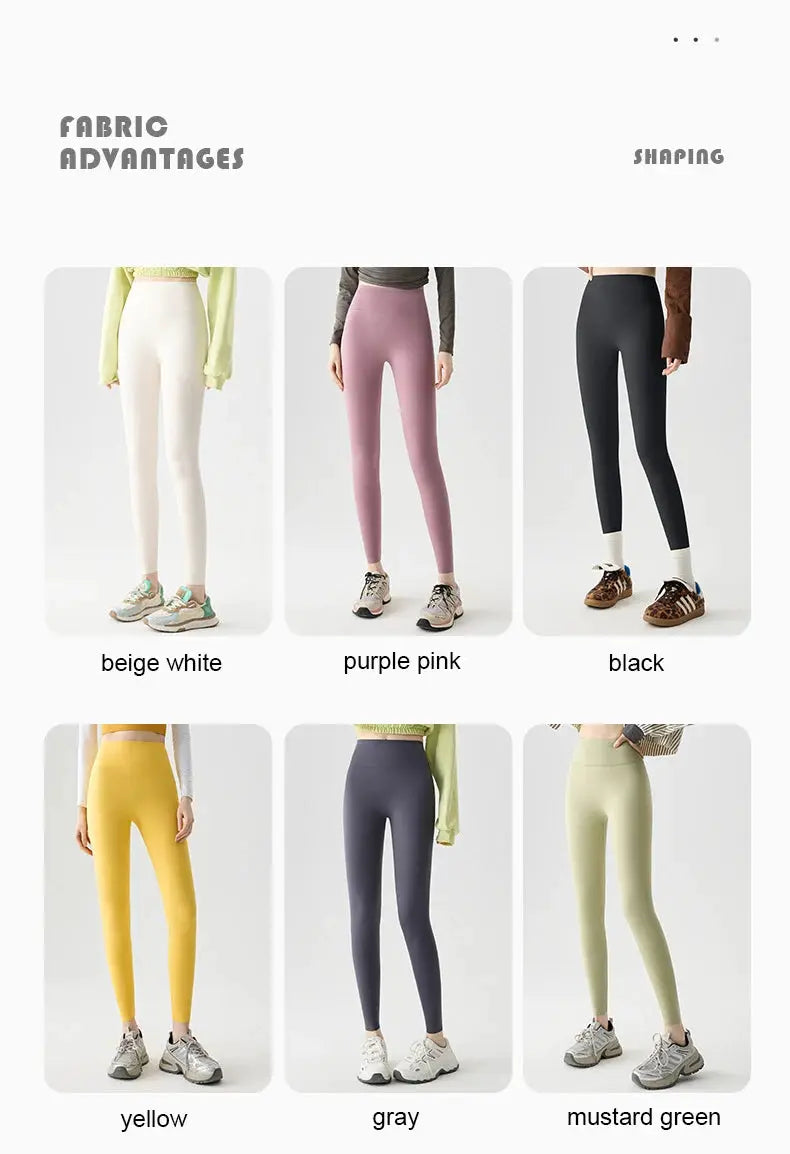 Women's seamless sharkskin leggings in six colors: beige white, purple pink, black, yellow, gray, and mustard green.