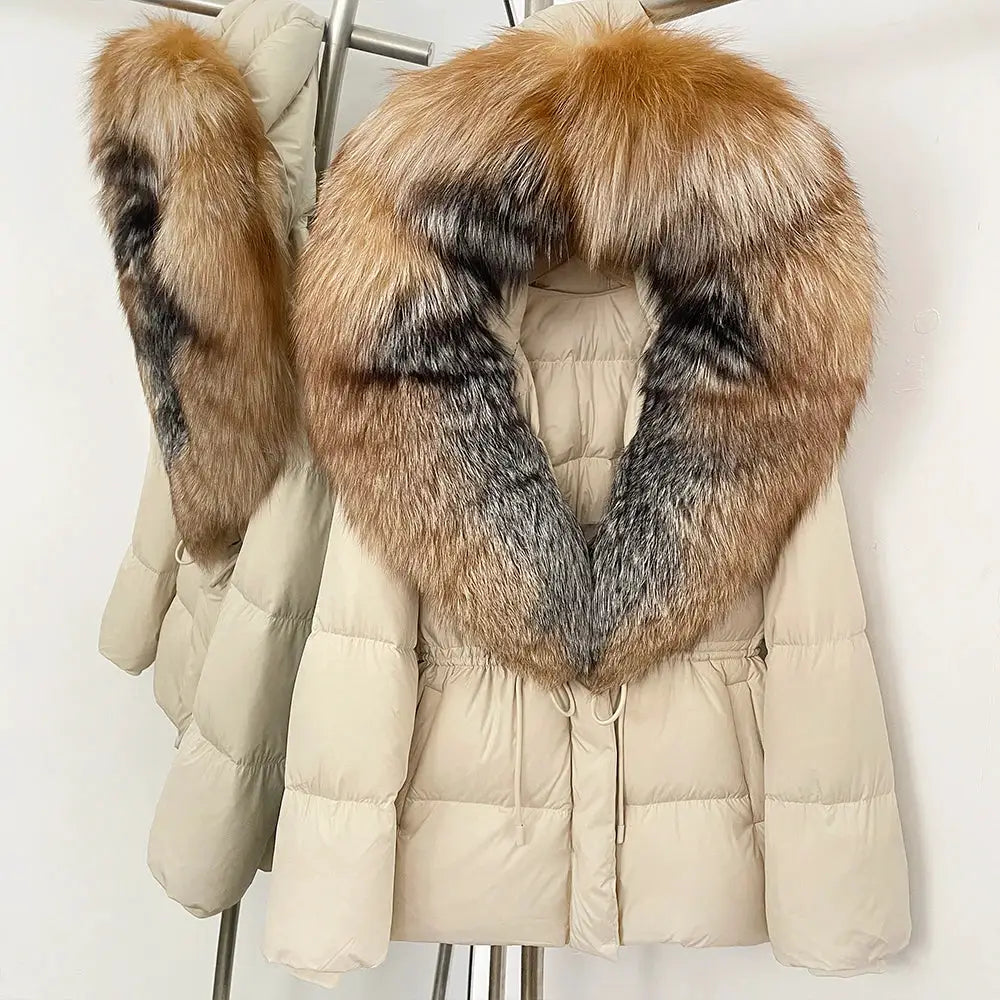 Womens Real Fox Fur Collar Duck Down Coat With Raccoon Fur Trim Hooded Puffer Jacket
