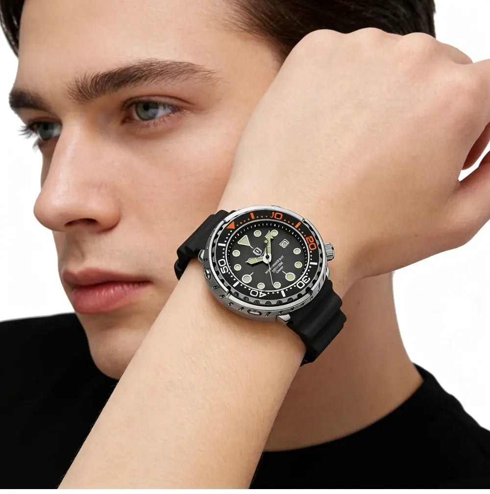 QINGXIYA sports men's quartz watch with silicone strap, black dial, orange accented bezel, luminous hands, date window