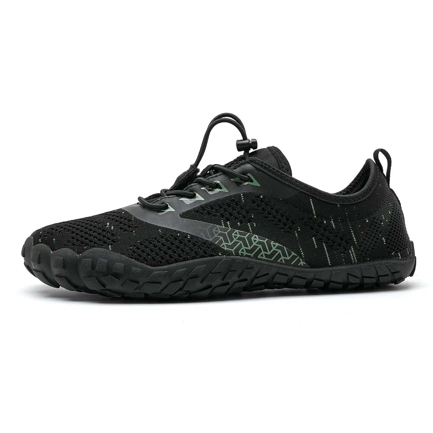 Trail running shoe with black mesh upper, gray-green accents, and rugged outsole