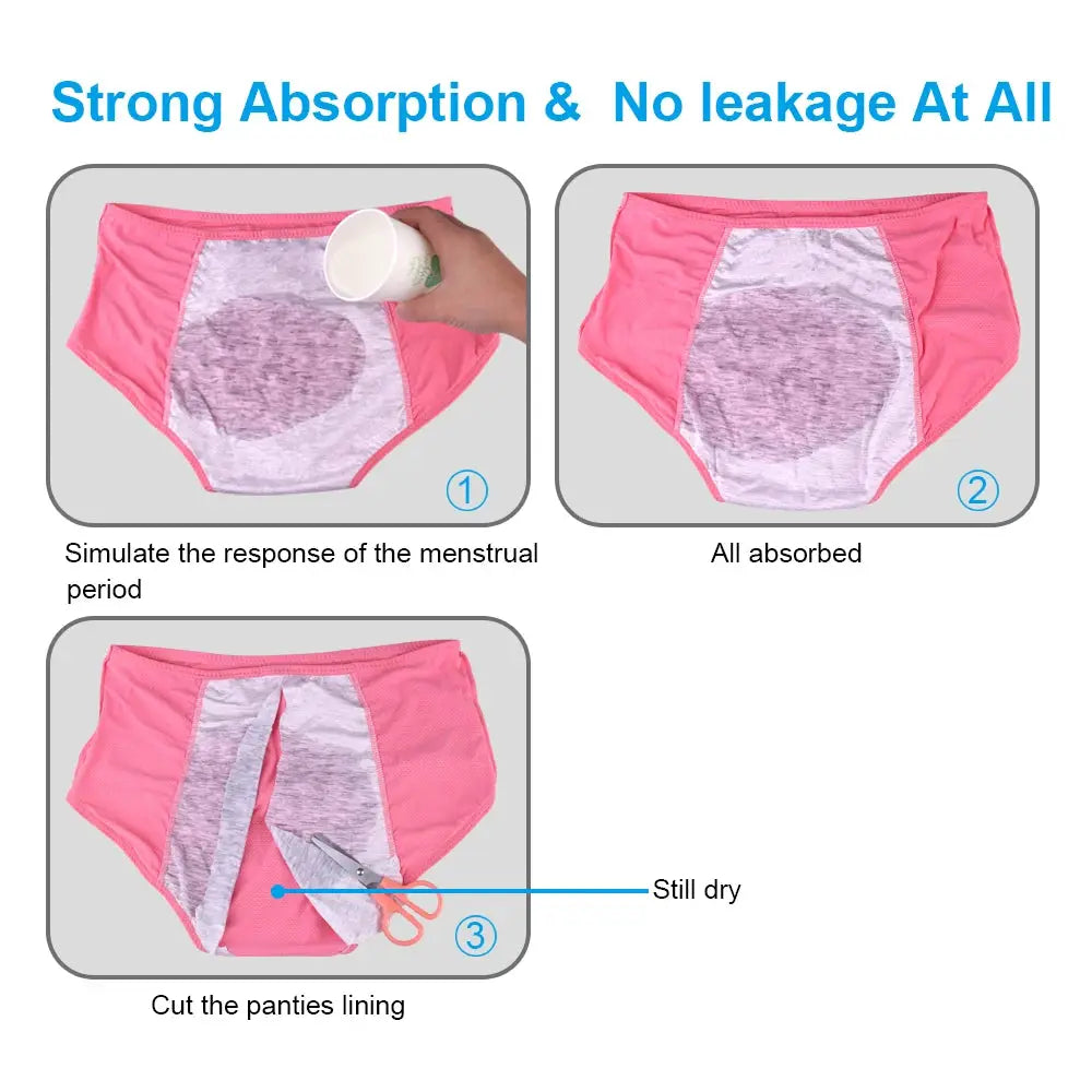 Pink menstrual panties by Simples Market; leak-proof, high-waist underwear with absorbency demonstration