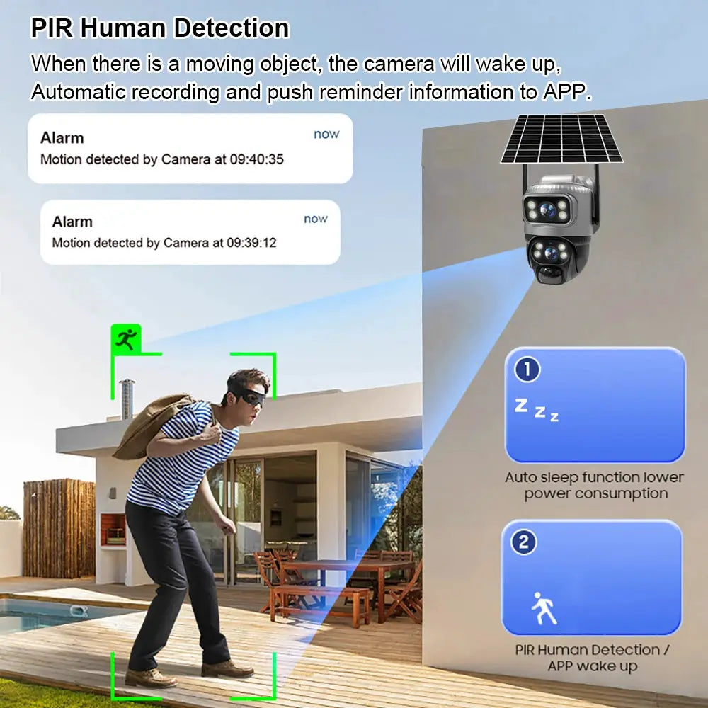 V380 Dual Lens 4G Solar Security Camera With PIR Human Detection Night Vision Waterproof IP CCTV 8MP 4K