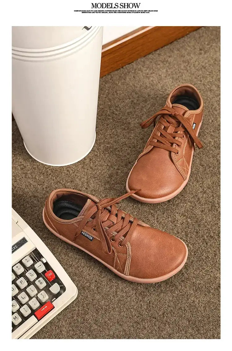 Wide version barefoot walking shoes, unisex brown leather pair with lightweight soft sole