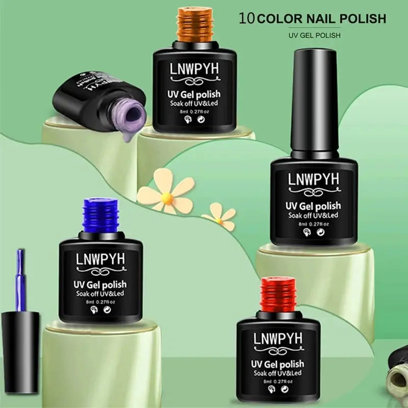 Gel nail polish set with 5 LNWYPH UV gel bottles in a 10-color range