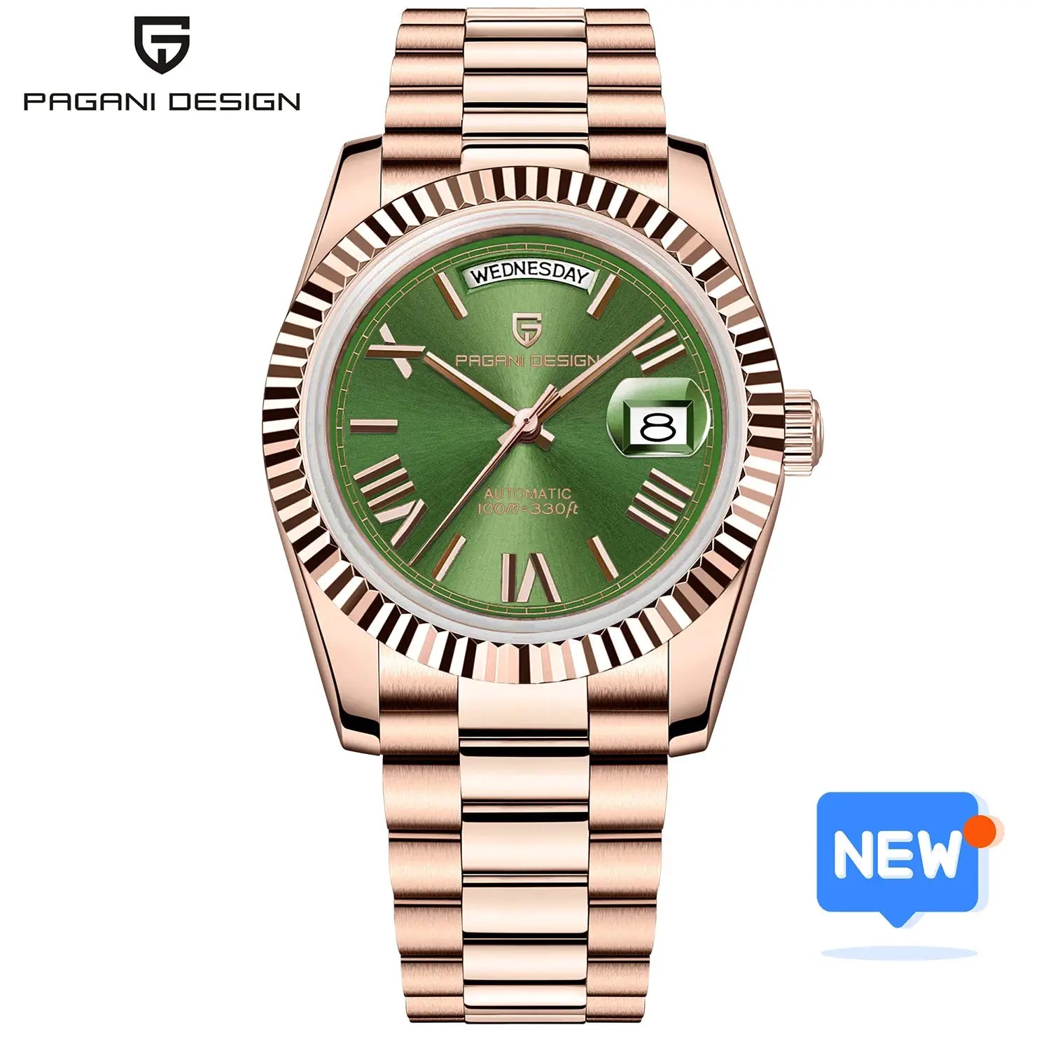 Pagani Design DD36 rose-gold automatic watch with green dial and date window