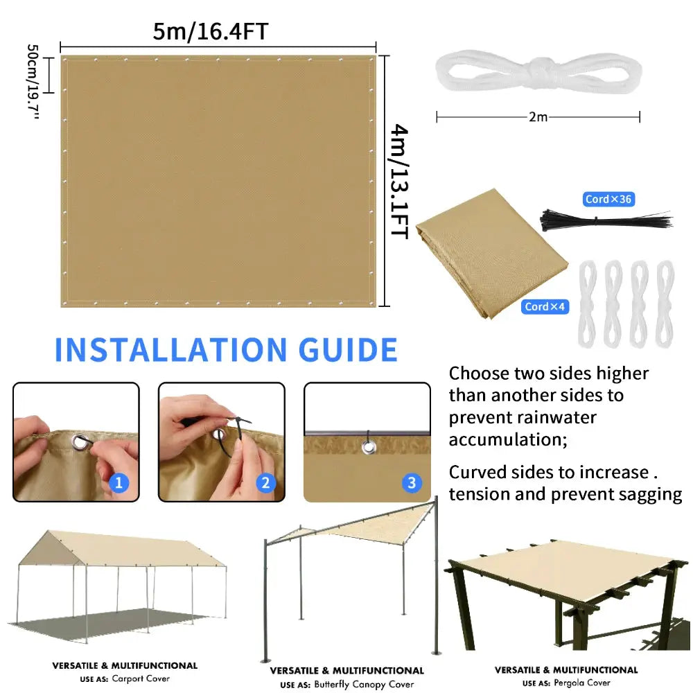 Simples Market sun shade sail, 5m x 4m rectangular waterproof outdoor canopy in tan with grommets and rope; cords included.