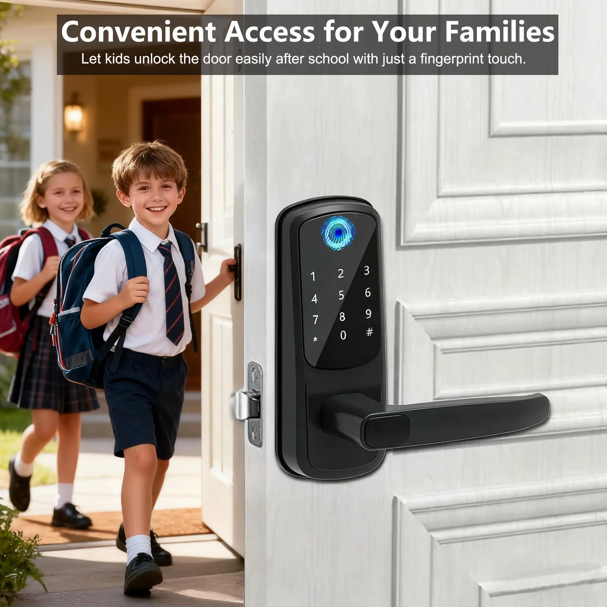 WiFi smart door lock by Simples Market with biometric fingerprint keypad and USB emergency charger