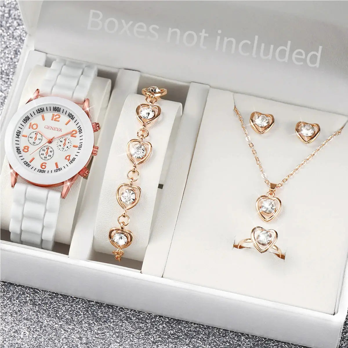 Women’s watch and jewelry set by Geneva, 4-piece with white silicone-band watch and rose-gold heart-crystal pieces