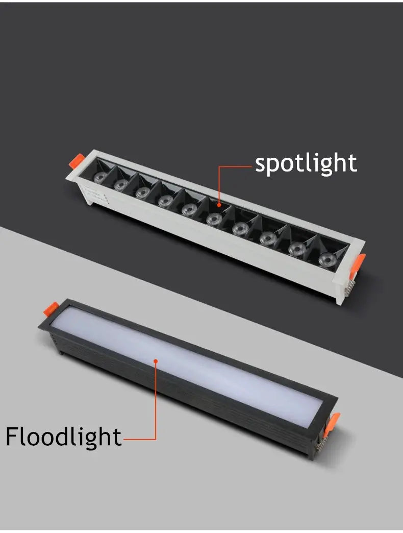 Simples Market two-module LED recessed rectangle downlight kit with white spotlight module and black floodlight panel