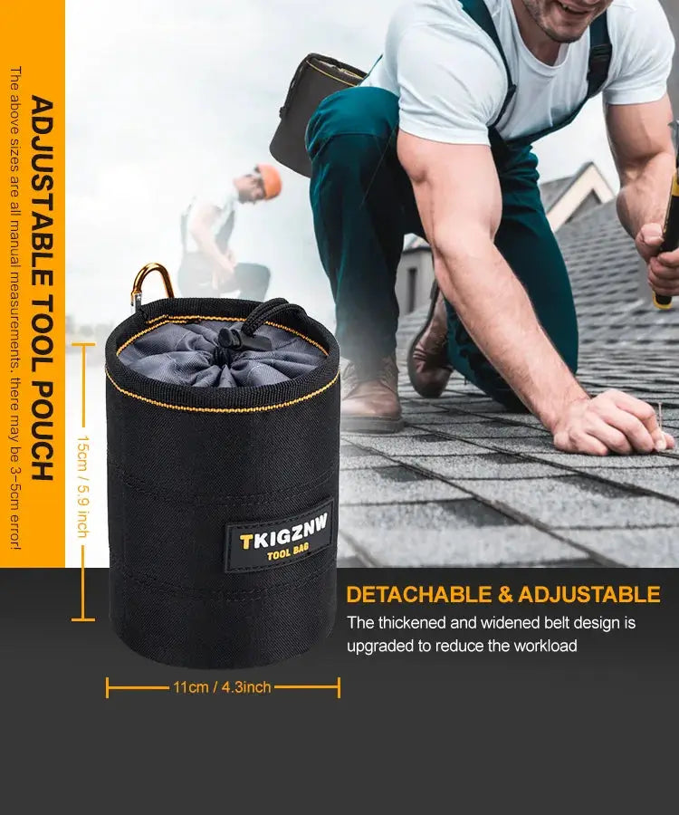 TKIGZNW tool pouch for nails and screws with belt clip; black cylindrical pouch with yellow trim and drawstring top