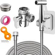 Simples Market chrome bidet sprayer kit with 1.5m stainless braided hose, wall holder, and 3-way diverter fittings