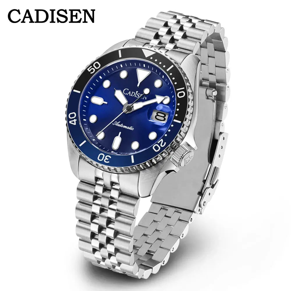 CADISEN men's automatic diver watch with blue dial and stainless steel bracelet