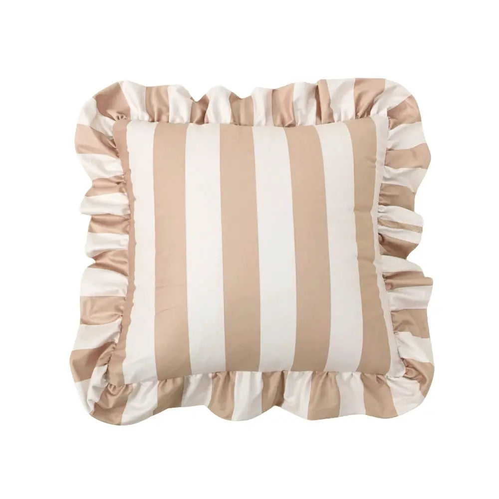 Velvet striped pillowcase, 18x18 inches, beige and white with ruffled edges