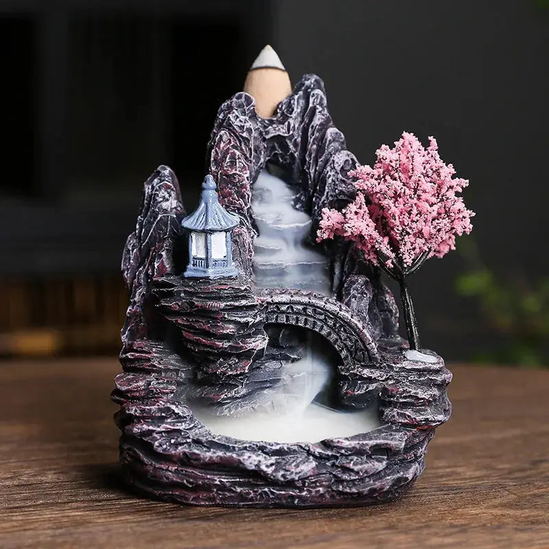 Resin Cascade Backflow Incense Burner With Mountain Waterfall Design For Home Decor And Meditation Gift