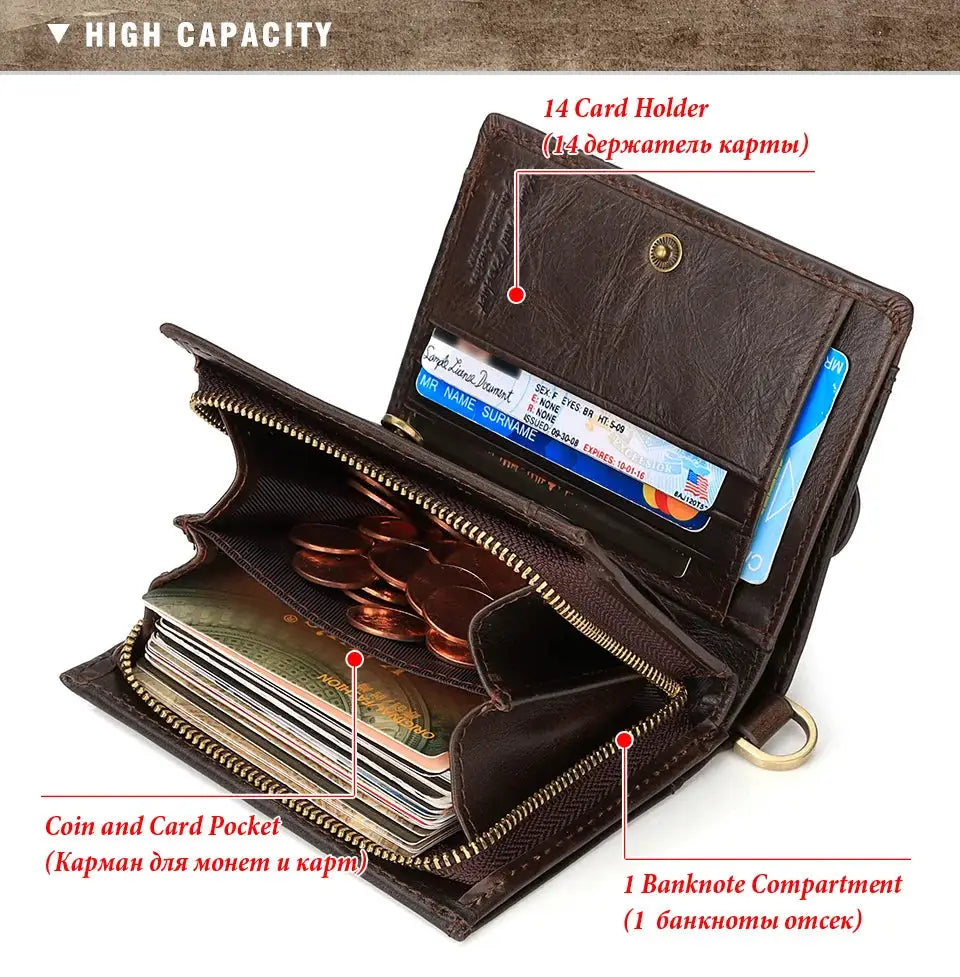Real leather men's wallet by Simples Market with RFID blocking, brown bifold with coin pocket and anti-theft chain
