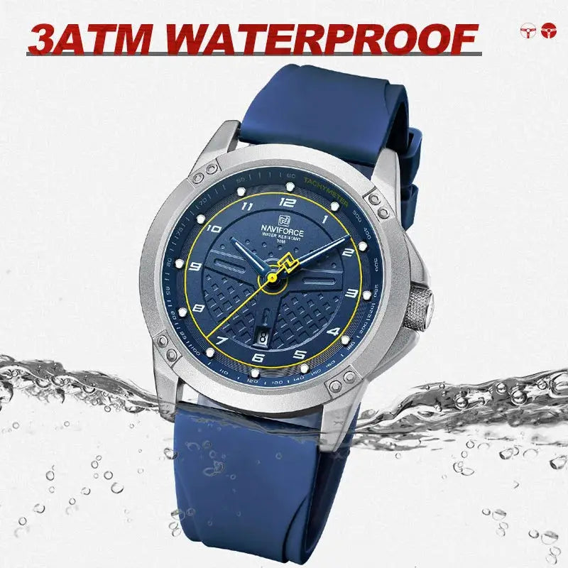 Naviforce men's blue silicone strap wristwatch, silver case, blue dial with yellow accents, 3ATM waterproof.