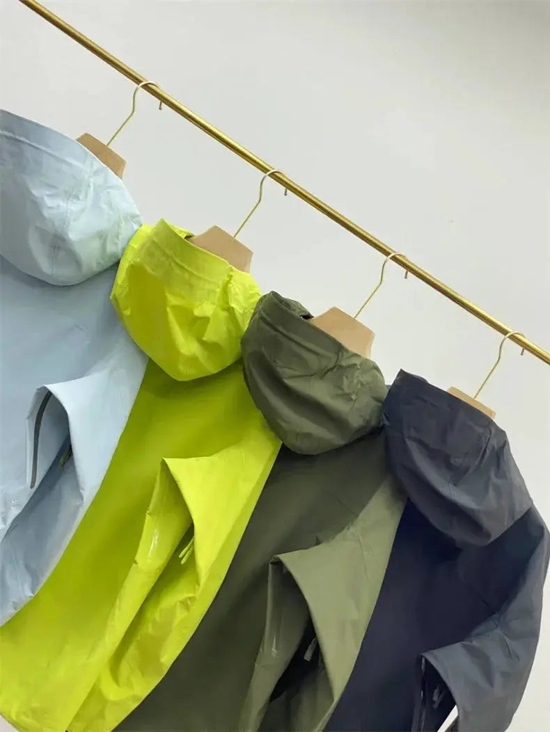 Outdoors Jacket for men windproof soft shell; five colors on hangers (neon yellow, light blue, olive, gray, navy) Simples Market