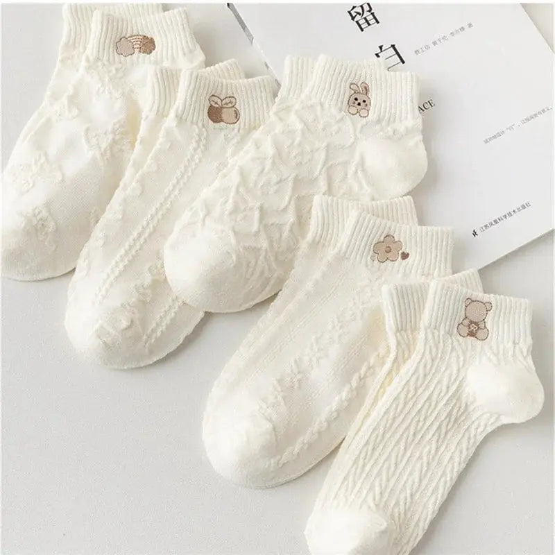 5 Pairs Womens Ankle Socks Spring Summer Cute Bear Rabbit Rainbow Print Casual Short Socks