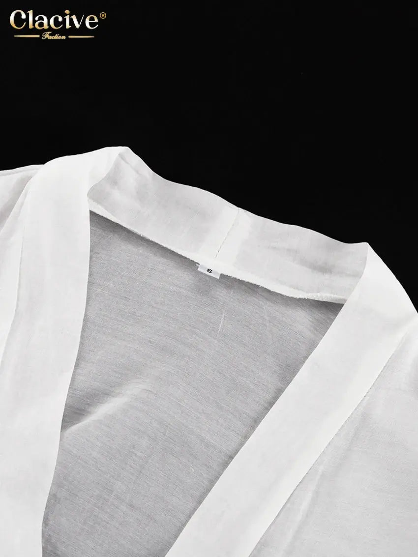 Clacive White 2 Piece Set Women Loose Long Sleeve Robe And Shorts