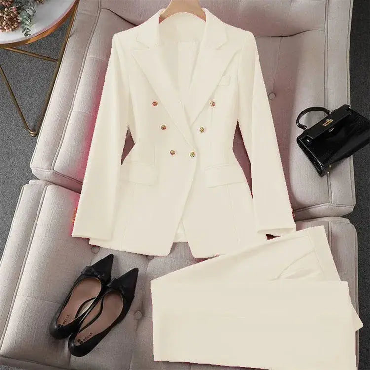 Women's ivory double-breasted blazer and matching trousers 2-piece office suit