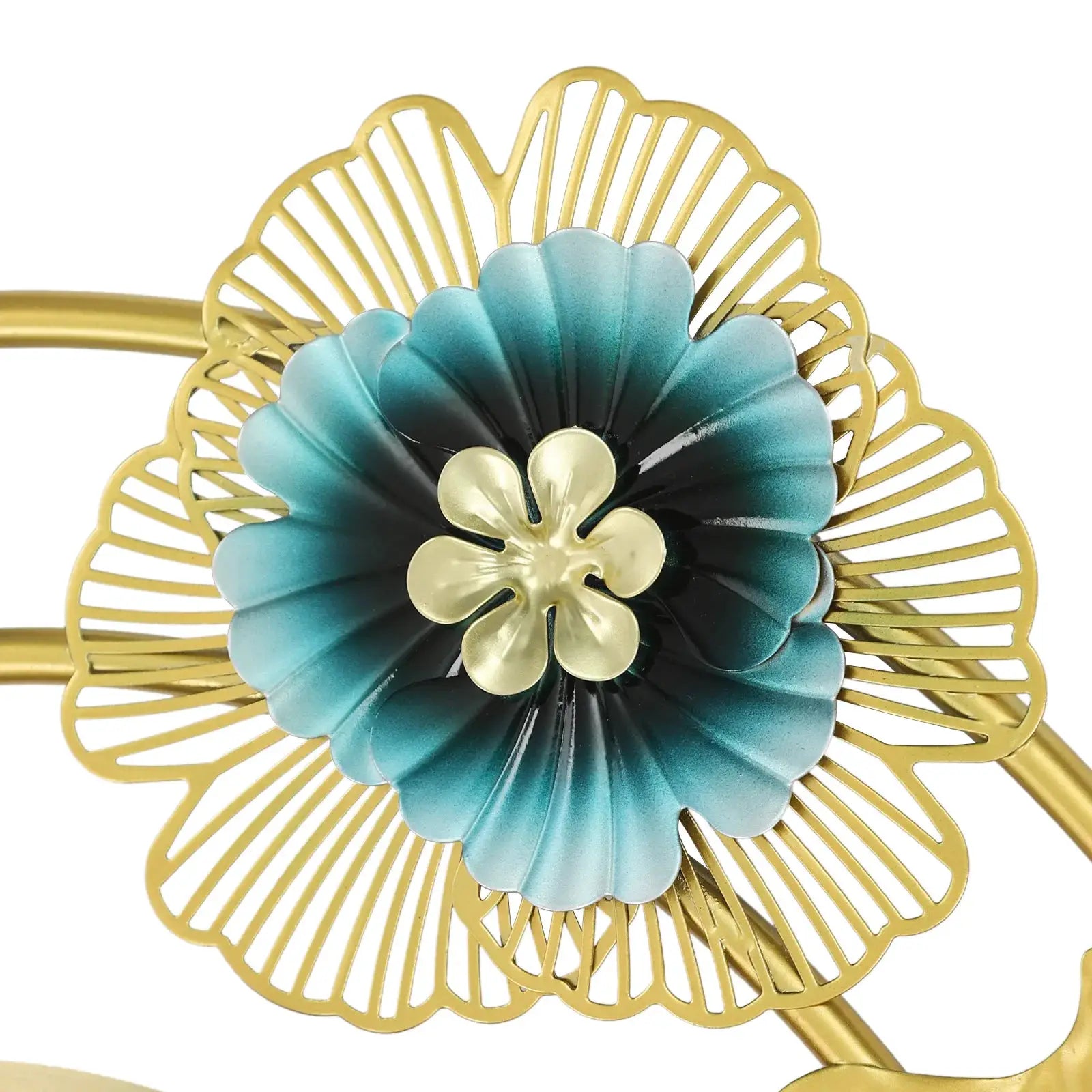 Wall clock with peacock-inspired floral design; gold lattice petals around a teal-blue bloom center