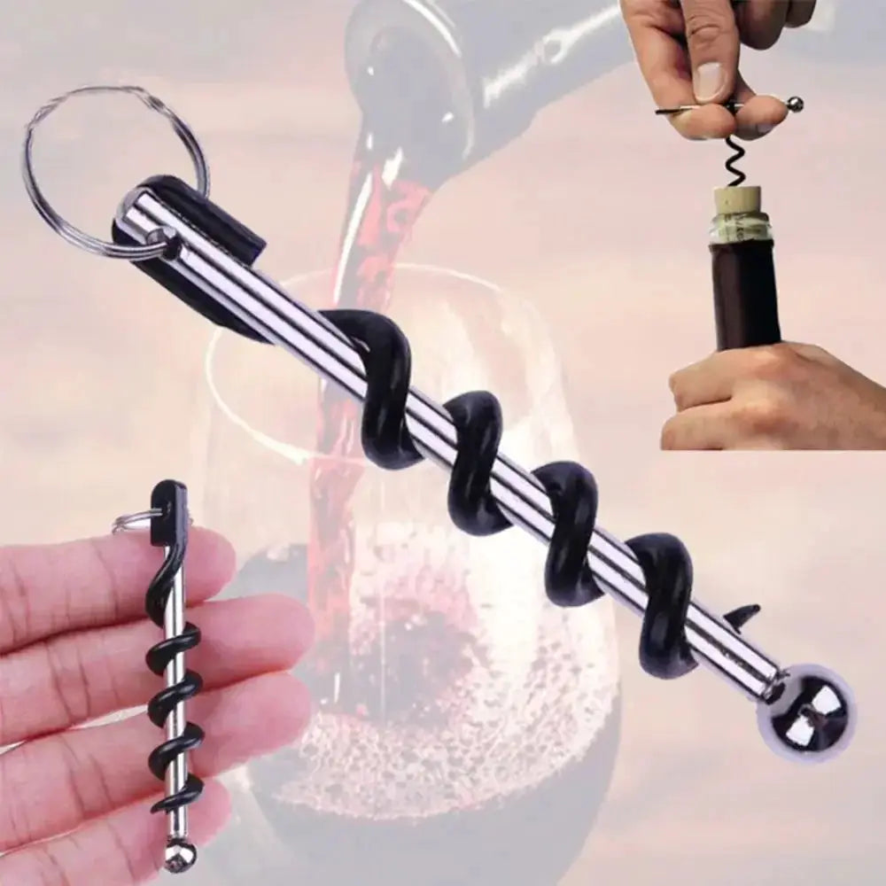 Bottle Opener Outdoor Mini EDC Corkscrew keyring tool by Simples Market with black spiral corkscrew and silver shaft.